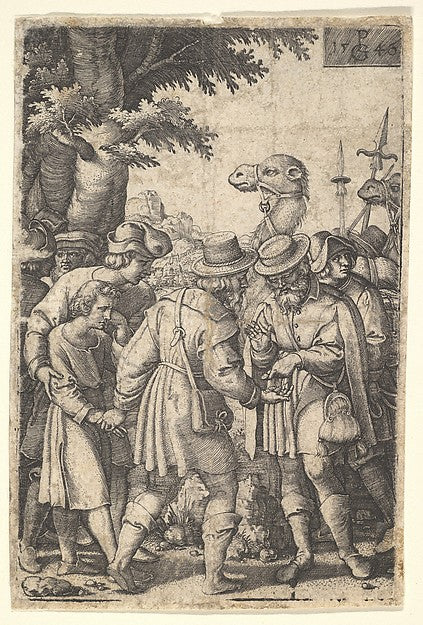 Joseph sold to the merchants - a bearded man grasping Joseph wi, Poster Print Wall Art