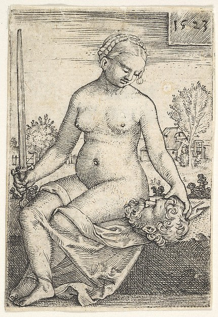 Judith seated nude with a sword in her right hand gazing dow, Poster Print Wall Art