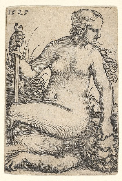 Judith looking towards the right seated nude atop the dead b, Poster Print Wall Art