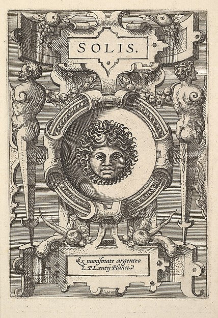 Bust of Sol surrounded by strapwork from the series 'Deorum d, Poster Print Wall Art
