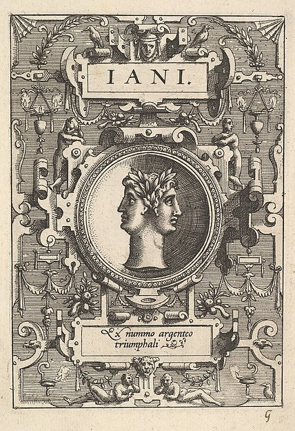 Bust of Janus surrounded by strapwork from the series 'Deorum, Poster Print Wall Art