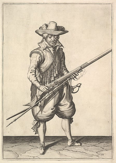 A soldier shaking the powder from the top of the pan from the, Poster Print Wall Art
