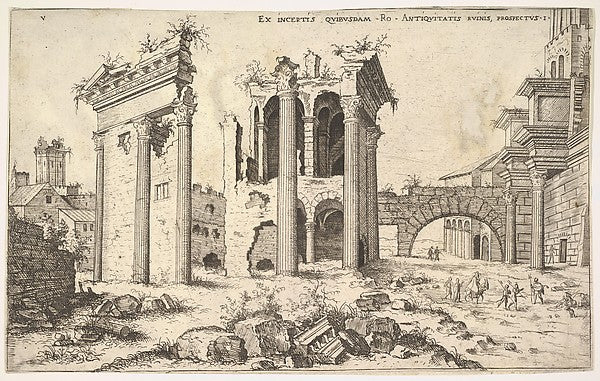 View of unidentified ruins with trabeated facade at left arca, Poster Print Wall Art