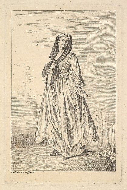 Woman walking and holding her skirt with her right hand shown, Poster Print Wall Art