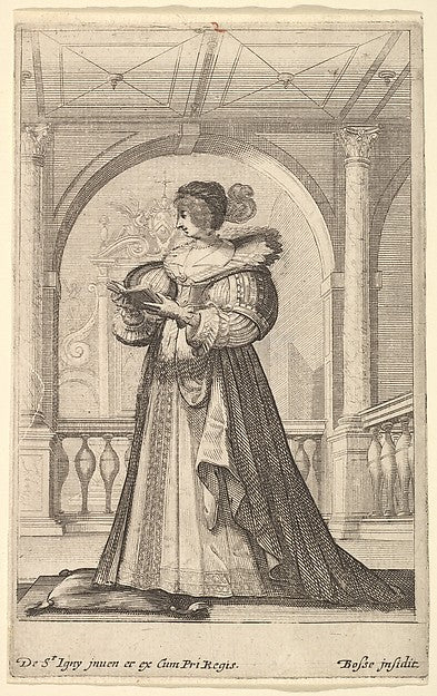 A woman standing facing the left in profile wearing a hat an, Poster Print Wall Art