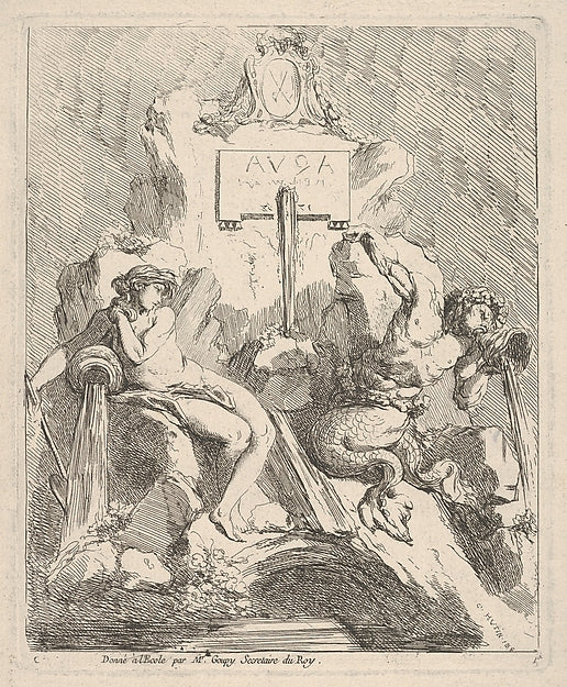Design for a fountain with a seated nymph at left and triton h, Poster Print Wall Art
