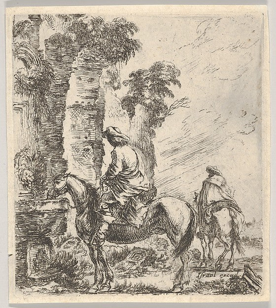 Stefano della Bella :Plate 19: a rider making his horse drin-16x12"(A3) Poster