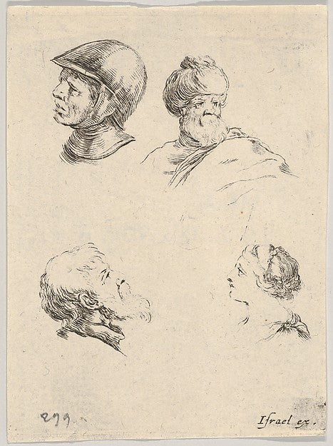 Stefano della Bella :Plate 8: four small heads a soldier at -16x12"(A3) Poster