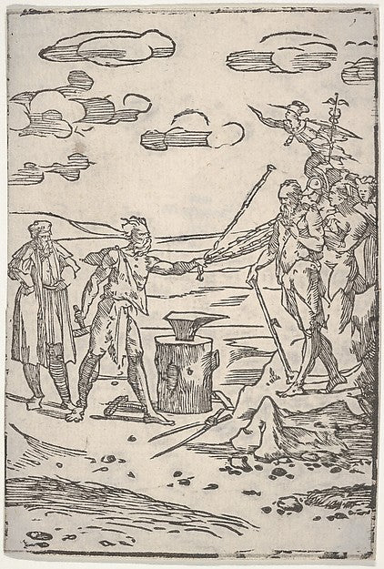 The forger standing by an anvil pulling a man in chains from , Poster Print Wall Art