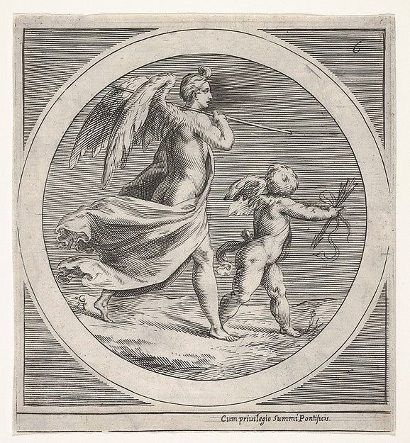 Winged female figure draped and carrying a staff striding be, Poster Print Wall Art