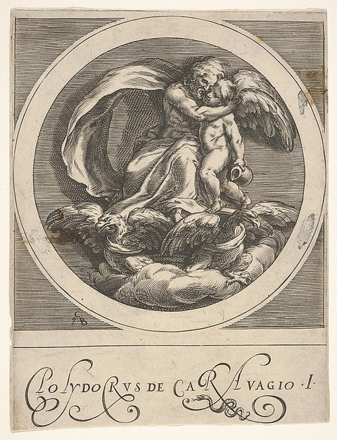 Jupiter seated above two eagles and embracing Cupid a round , Poster Print Wall Art