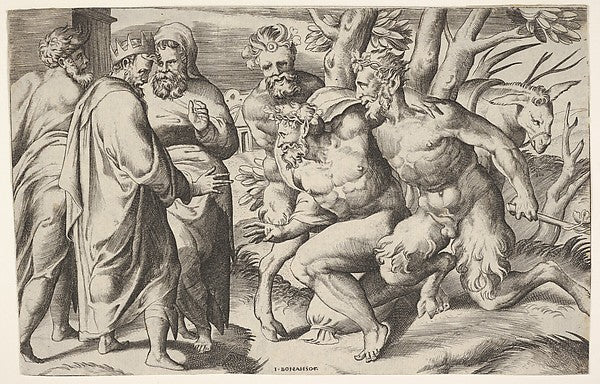 Two satyrs leading Silenus to King Midas who stands at left w, Poster Print Wall Art