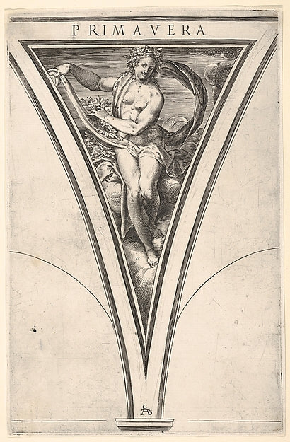 Spring represented as a woman bearing a billowing drape and g, Poster Print Wall Art
