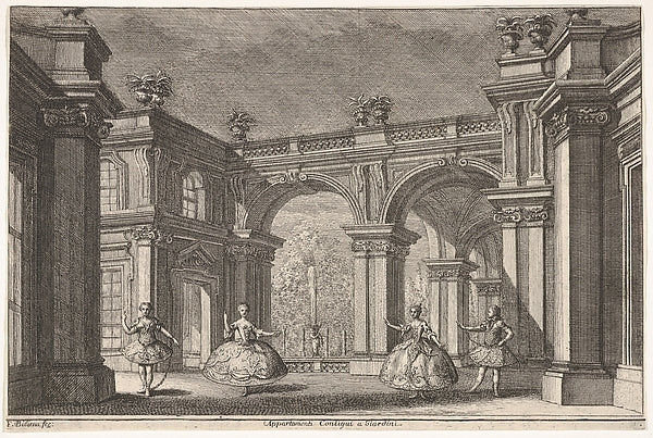 Two ladies and two gentlemen dancing within an ornate architec, Poster Print Wall Art