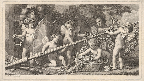 Six putti playing with the arms of Mars four holding onto a l, Poster Print Wall Art