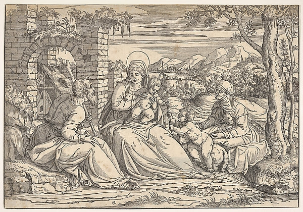 The Holy Family with saints Elizabeth and John c1550-Attribute, Poster Print Wall Art