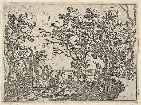 Landscape with onshore fisherman and male onlooker under trees, Poster Print Wall Art