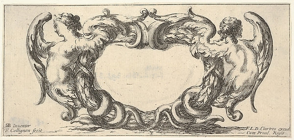 Plate 3 - a cartouche with a woman with wings ending in a serpe, Poster Print Wall Art