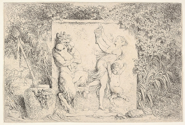 A bas-relief depicting a satyr at left holding two infants an,16x12"(A3)Poster