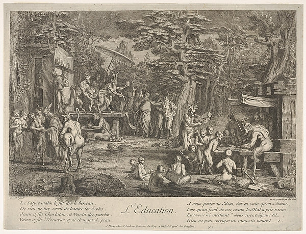 The Education - in a forest to right an old satyr instructor , Poster Print Wall Art