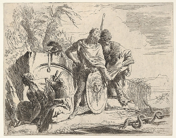 Three figures and a snake coiled around a staff surrounded by, Poster Print Wall Art