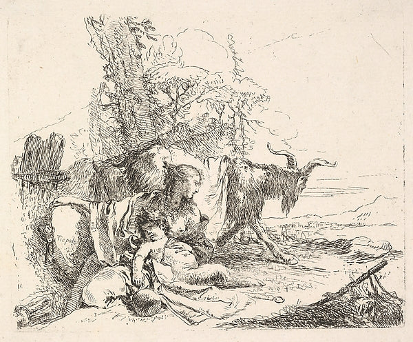 Woman and infant satyr in a landscape the woman twisting to l, Poster Print Wall Art