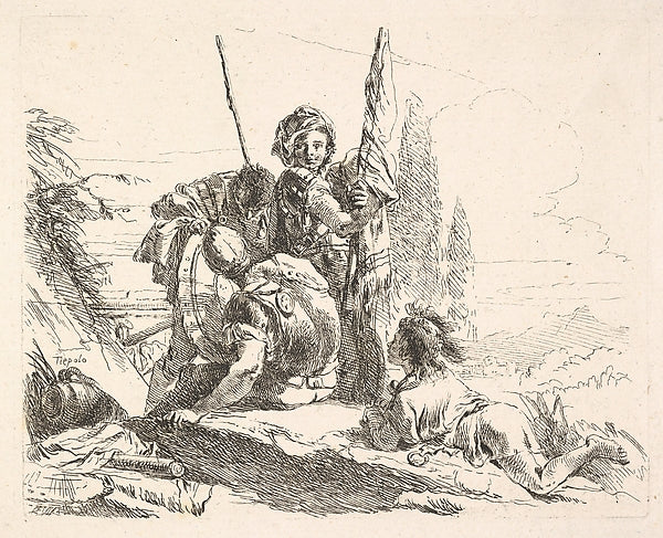 Three soldiers and a youth lying on his abdomen in a landscape, Poster Print Wall Art