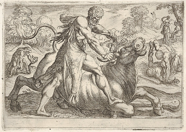 Hercules and Achelous: at center Hercules grasps the horns of,16x12"(A3)Poster