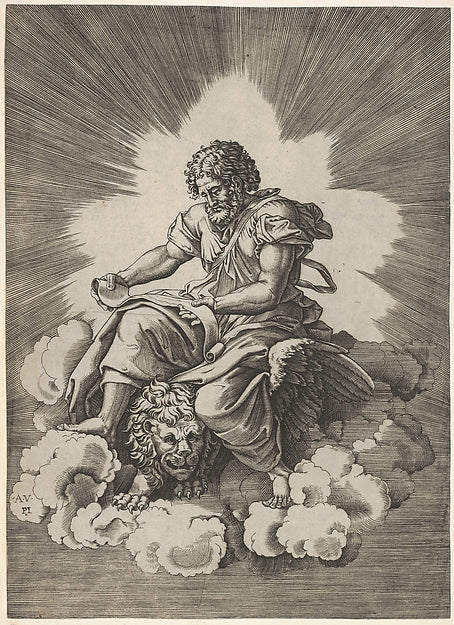 St. Mark seated with an unfurled scroll in his hands a winge, Poster Print Wall Art
