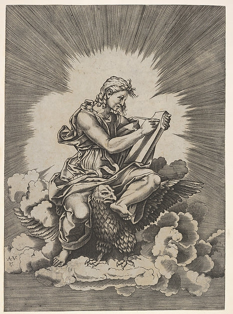 St. John seated and holding a writing instrument to a tablet , Poster Print Wall Art