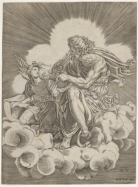 St. Matthew seated on a cloud and dipping a quill into an ink, Poster Print Wall Art