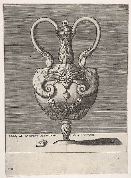 Antique Lidded Vase with Two Handles emerging from the Heads o, Poster Print Wall Art