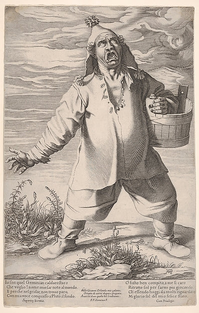Geminiano Caldarostaro crying out and holding a tub with a ta, Poster Print Wall Art