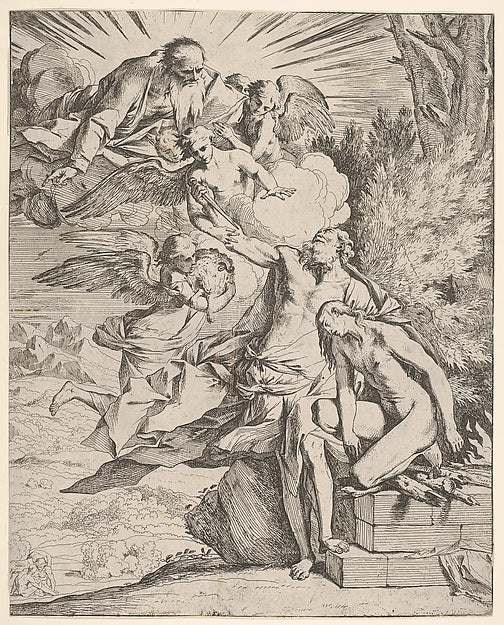 Sacrifice of Isaac - an angel presses against the dagger-bearin, Poster Print Wall Art