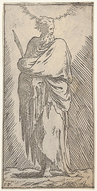 St. Bartholomew standing in frontal view with head facing to , Poster Print
