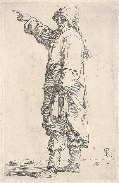 A man wearing a long outer garment and cap pointing to the lef,16x12"(A3)Poster