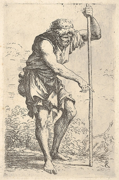 An old ragged man with a gourd on his hip walking with a staf, Poster Print