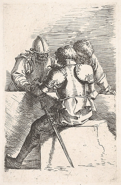 Three warriors conversing at a low wall one with his back tur, Poster Print