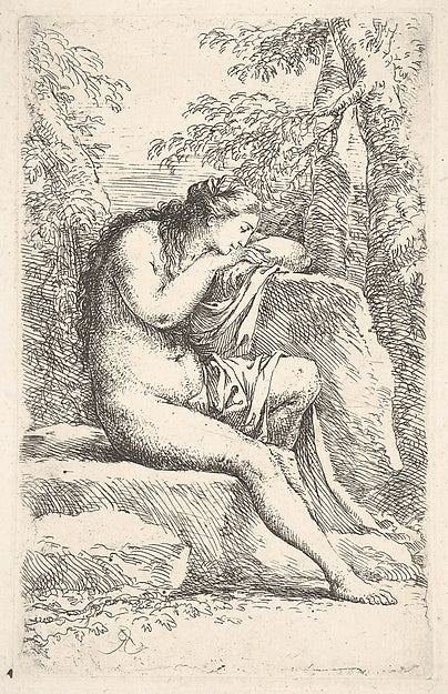 A semi-nude woman seated resting her head on a rock from the ,16x12"(A3)Poster