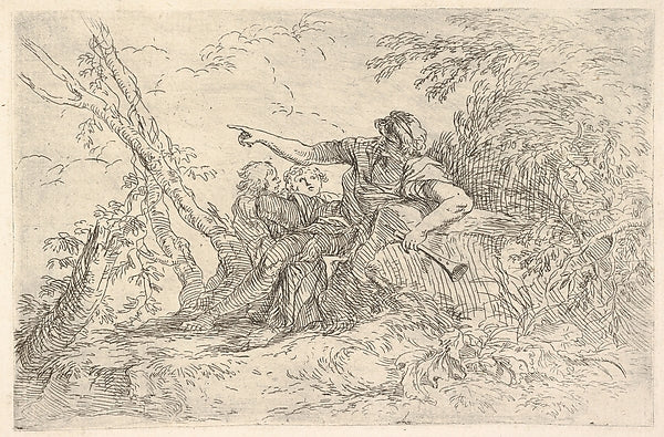 Male figure holding a flute reclining on a rock and pointing o, Poster Print