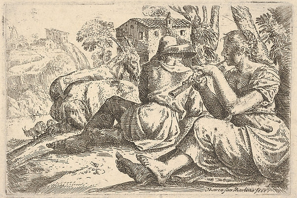 Shepherd and Shepherdess Playing Flute-Marco San Martino ,16x12"(A3)Poster