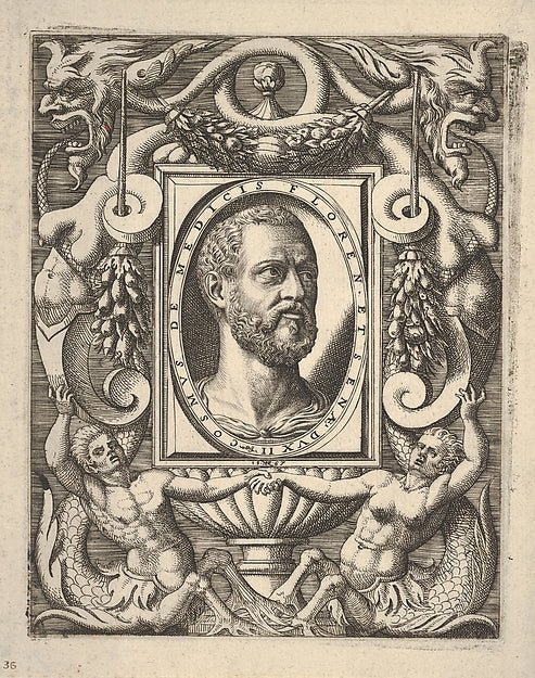 Bust portrait of Cosimo I de' Medici in an oval frame set wit, Poster Print