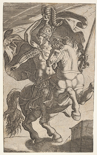 Soldier riding a rearing horse and wearing feathered helmet c, Poster Print