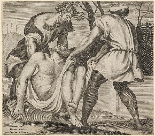 Entombment of Christ two men lifting Christ into a tomb with, Poster Print