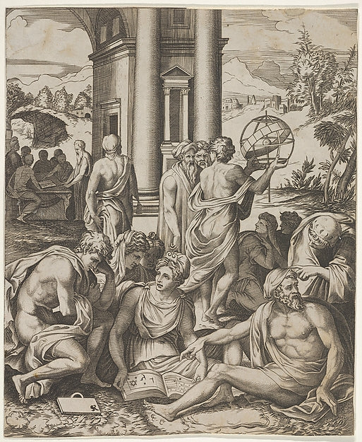 Assembly of male and female scholars gathered around an open b, Poster Print Wall Art