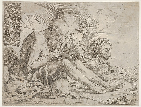 St. Jerome seated on the ground and reading an inscribed scrol, Poster Print