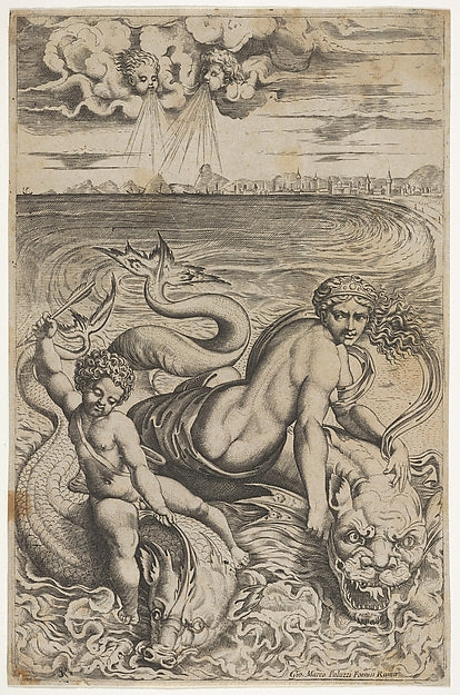 Venus and Cupid riding two sea monsters Cupid raises an arrow, Poster Print Wall Art