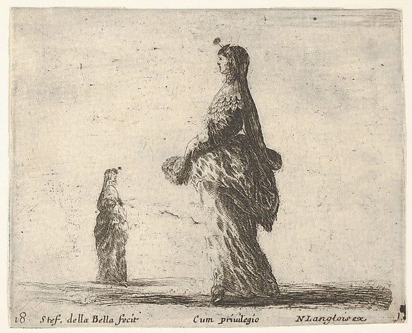 Stefano della Bella :Plate 18: a noblewoman walking towards -16x12"(A3) Poster
