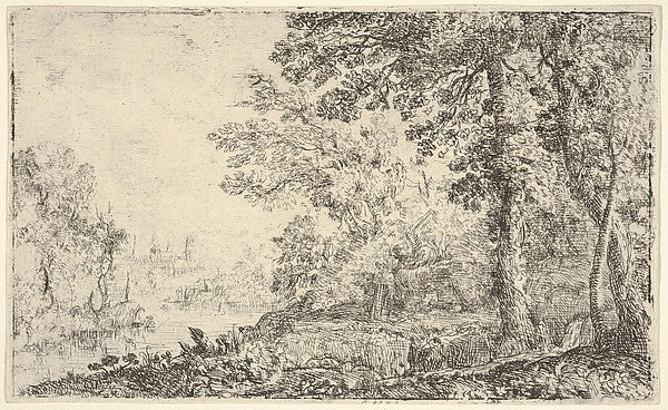 A landscape with a monk and an angel in the center a town to ,16x12"(A3)Poster