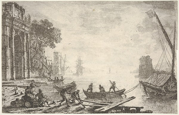 Harbor with rising sun figures in foreground colonnade on le,16x12"(A3)Poster